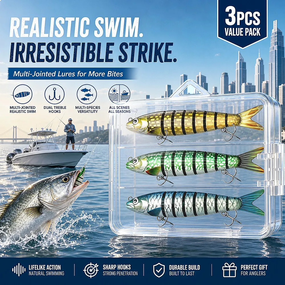 Segmented Minnow Bait 3/5/10 Pack 8-Section Slow Sinking Hard Lure Woven Joints 3D Eyes for Bass Walleye in Deep Water