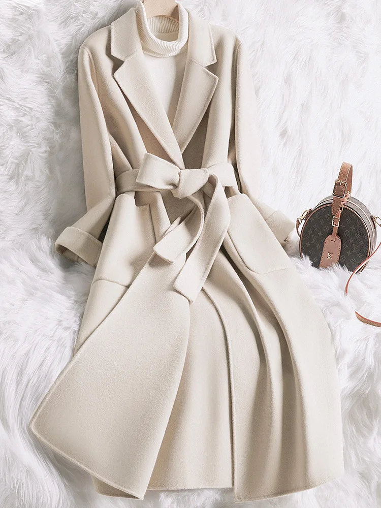 

Women's Double-Faced Velvet Belted Coat Long Sve Midi Length Autumn Winter New Sle plus Size Ivory Slim Fit Woolen Jaet