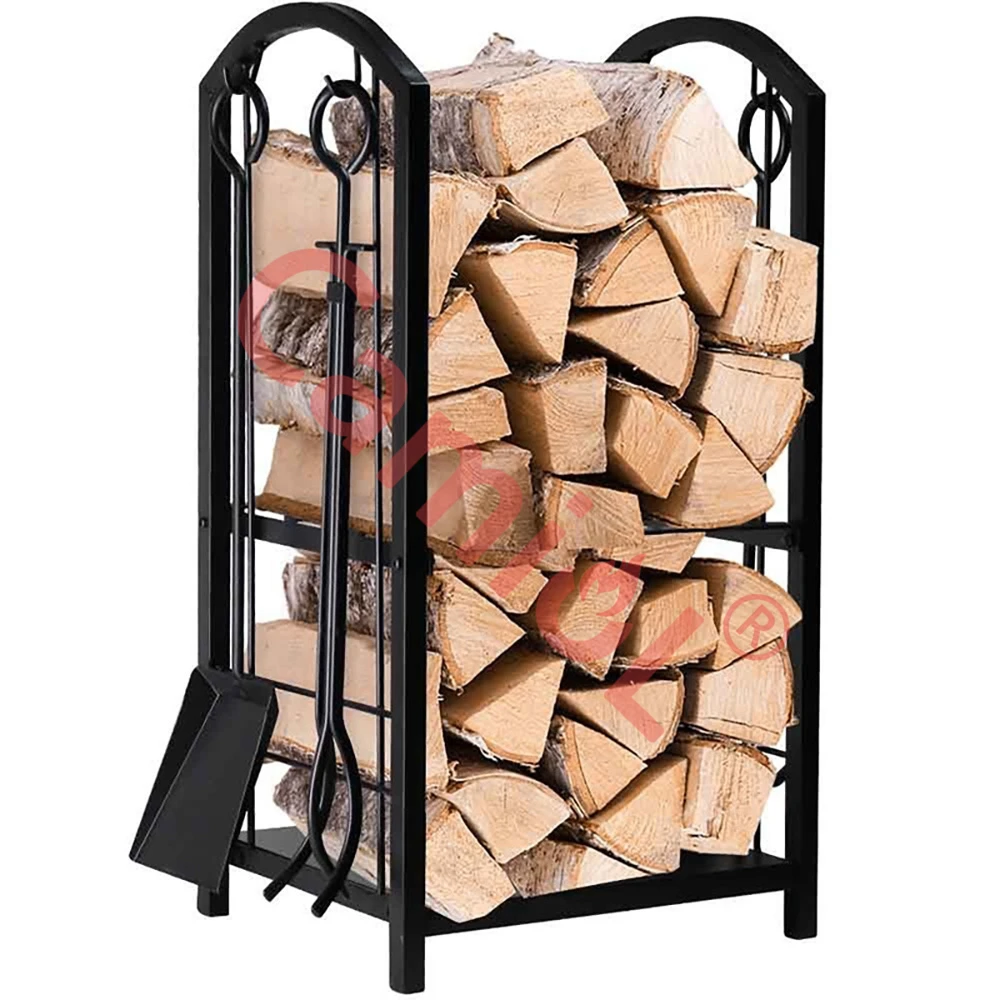 Superior Wood/Log Holder Rack Firewood/Lumber Storage Stacking Rack Black Wrought Iron Fireplace Tools Set