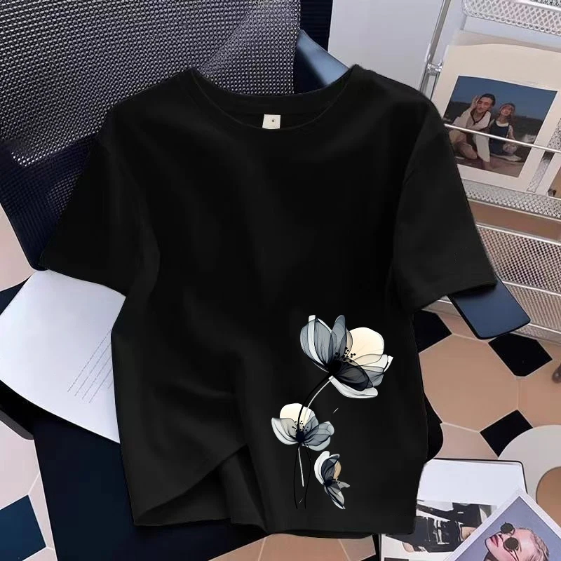 2026 Hot Sale Women's T-shirts Cute Flower Print Short Sleeve Top Summer High Quality Pure Cotton Soft T-shirt Daily Casual Tees