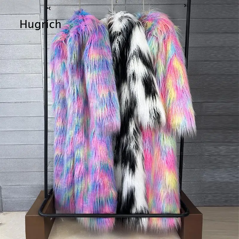 Jacquard colorful fluffy faux sheep fur coat for women faux fur extra long blazer collar overcoat fashionable warm oute Wear: