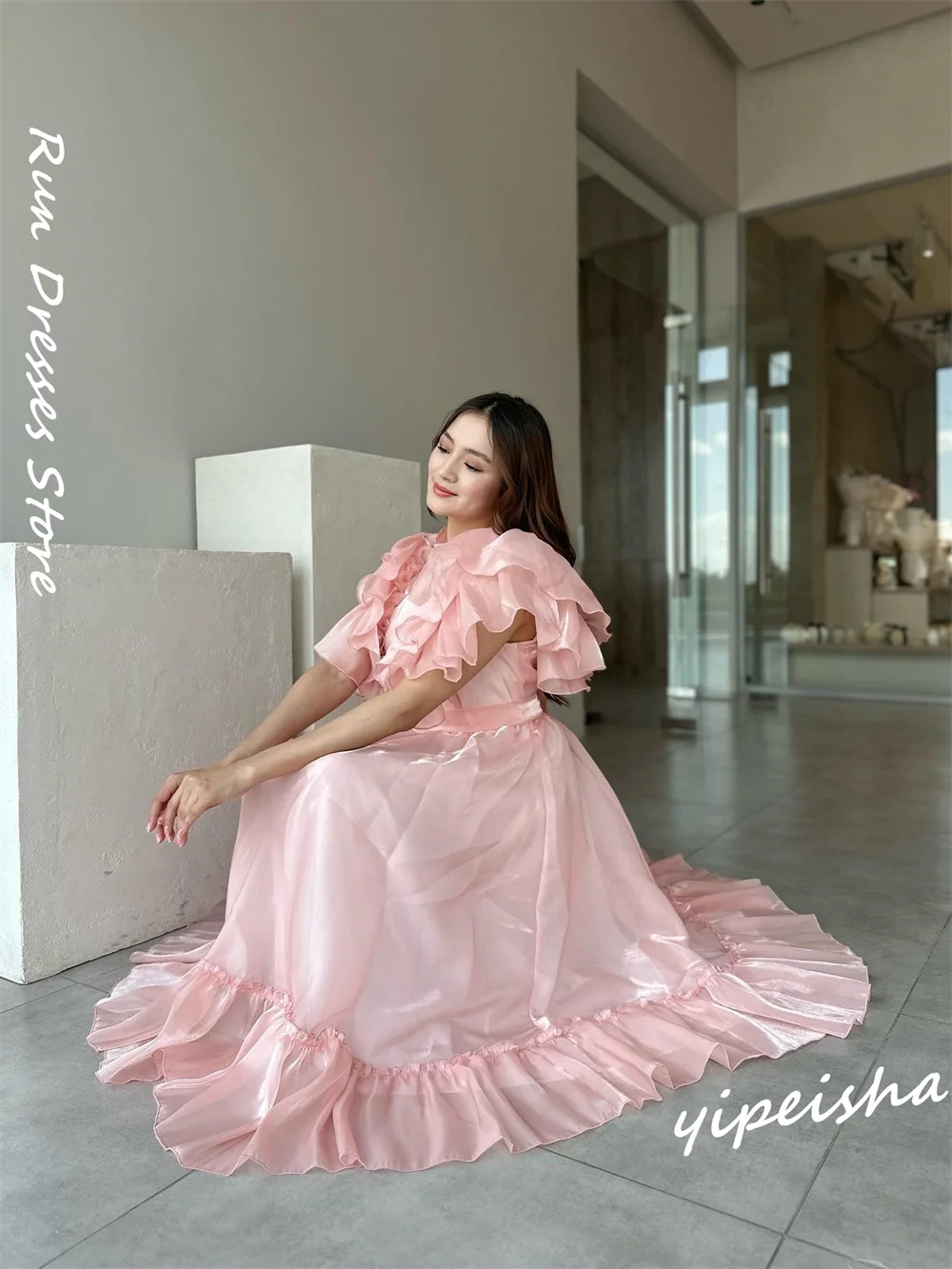 Gaun Prom Yipeisha kerah tinggi Fashion A-line Quinceanera sifon terbungkus Tahun Baru Wanita biru