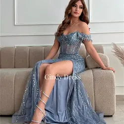 Szaro-niebieskie koraliki syreny Off the Shoulder sukienki na formalne okazje z długimi rękawami sukienka na studniówkę kobiety elegancka impreza dostosowana