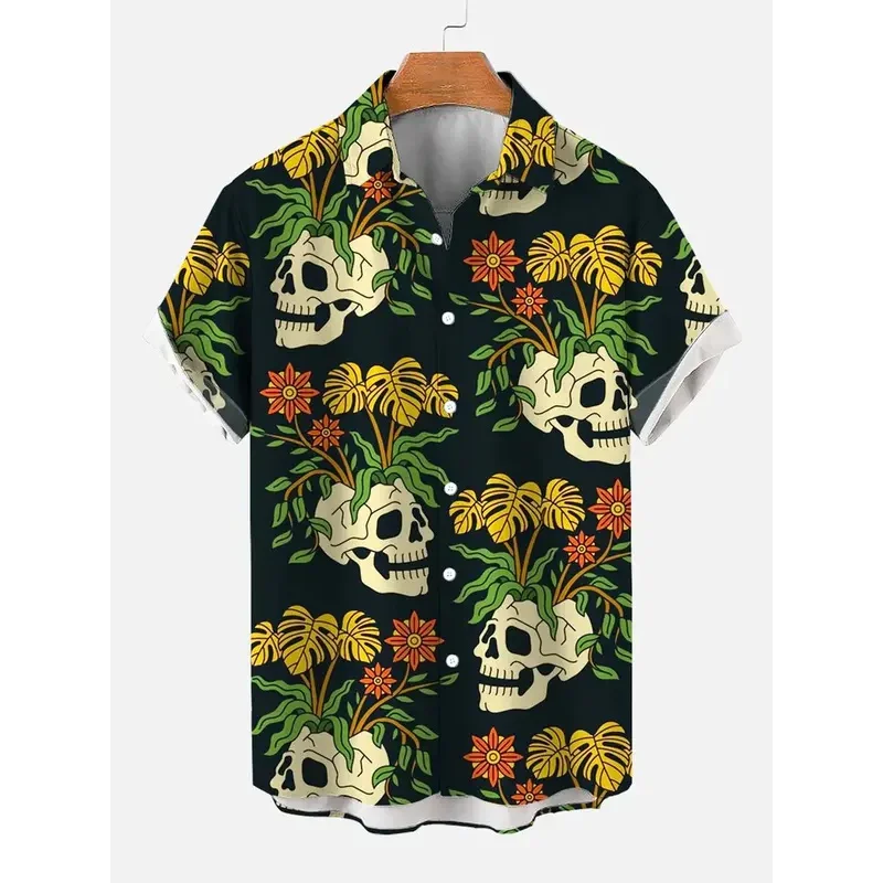 Vintage Skull Floral Men'S Shirts Funny Skull 3D Print Streetwear Short Sleeve Tee Hawaiian Shirt Print Lapel Shirts For Men