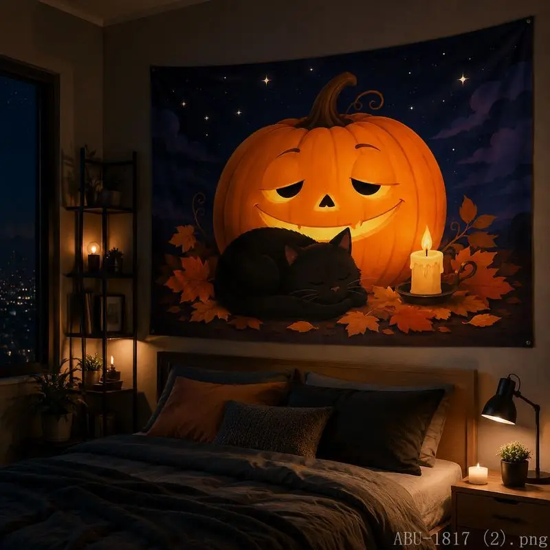 VIKAMA Pumpkin Black Cat Candle Moon Tapestry, Halloween Wall Hanging for Bedroom, Spooky Starry Sky Party Wall Decor