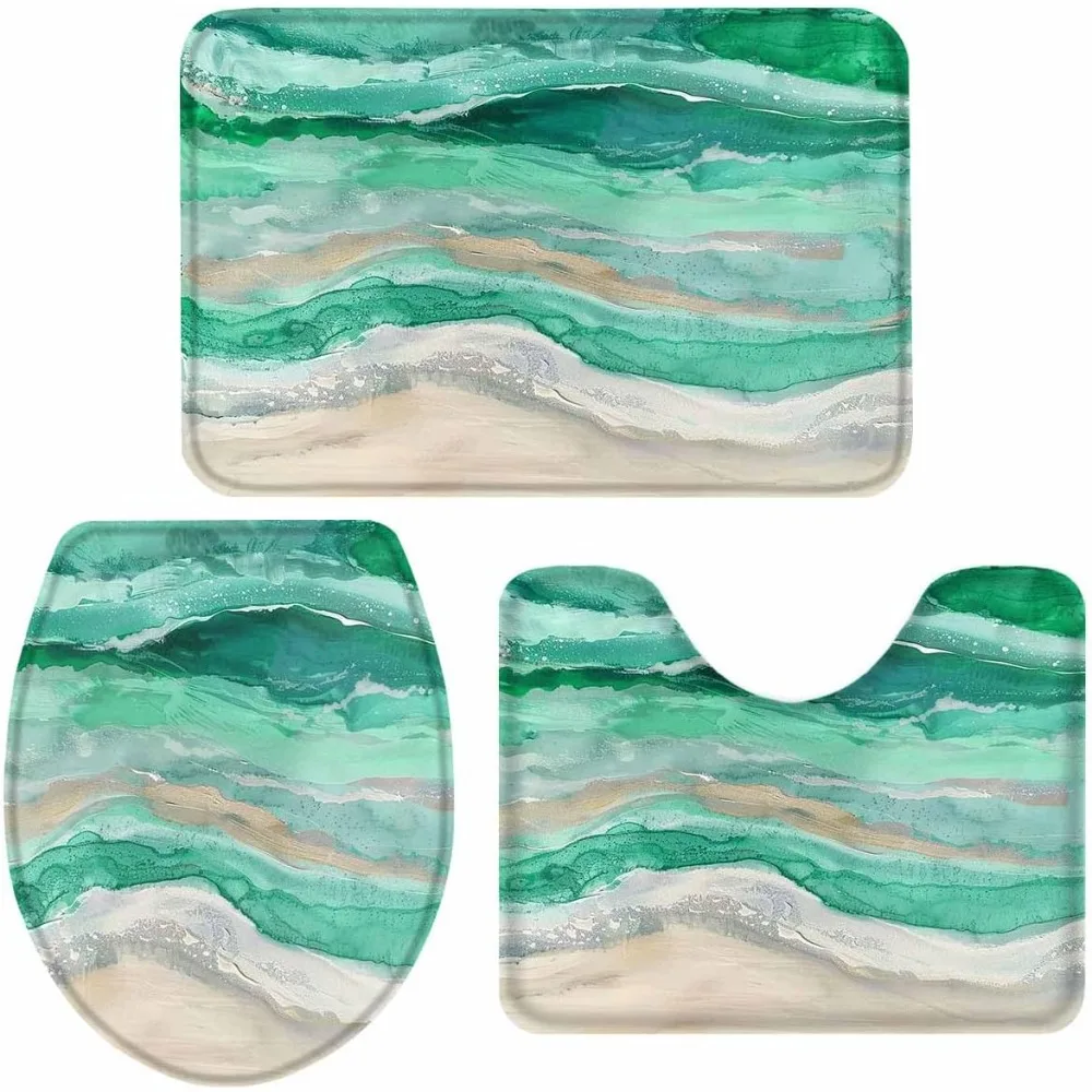 

Bathroom Rug Set 3 Piece Ombre Summer Tropical Beach Non-Slip Backing Bathroom Mat Green Teal Ocean Anti-Skid U-Shape Contoured