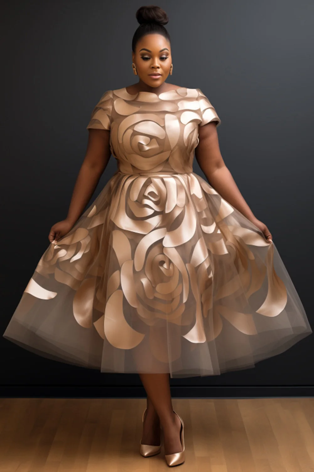 

Plus Size Wedding Guest Champagne Floral Round Neck Short Sleeve See Through Elegant Midi Dresses