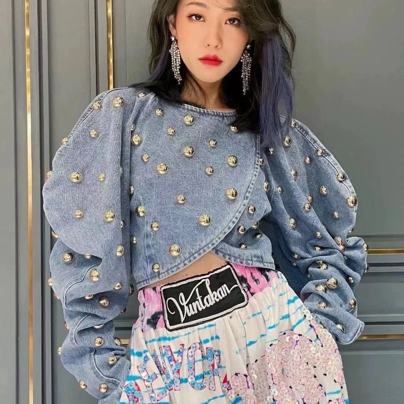 Spring Autumn Women Rivets Long Lantern Sleeve Denim Coat Short Pearls Beading Jeans Bomber Jacket Cowboy Cardigan Tops 2023
