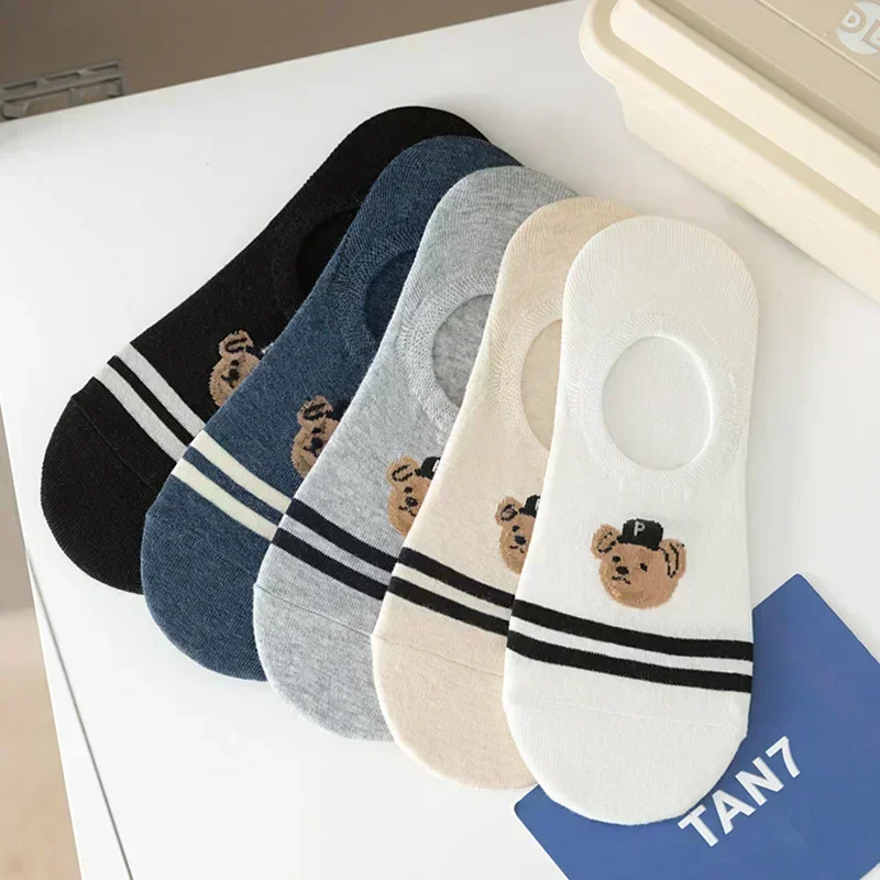 5 pair/batch fashion men boat socks non slip transparent silicone cotton ankle slippers Cartoon bear summer autumn socks