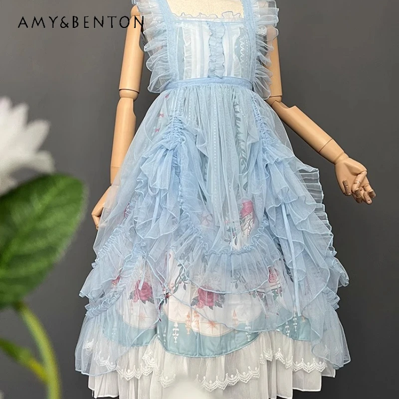 

New Multi-color Cute Lolita Sweet Beautiful Woman's Overskirt 2025 Summer Lace Bow Ruffle Edge Strap Sleeveless Dresses Ladies