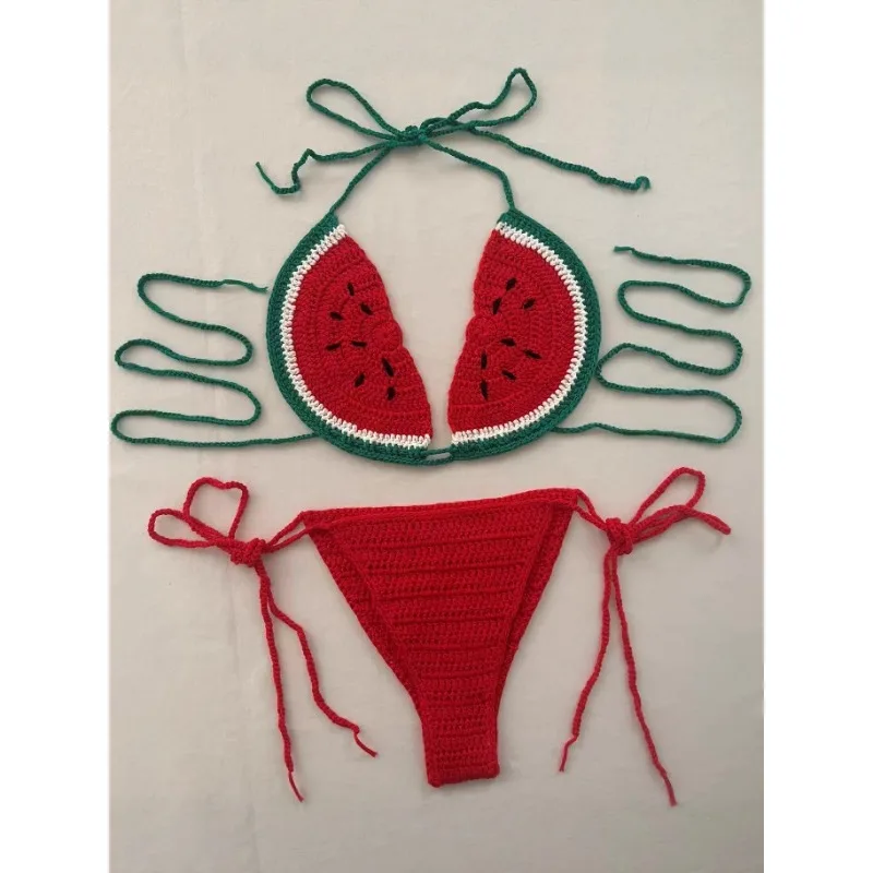 Handgewebter Obst-Badeanzug für Damen, sexy Bikini-Set, Zitrone, Wassermelone, verstellbare Bandage, geteilte Badebekleidung, weiblicher Badeanzug, Strandmode