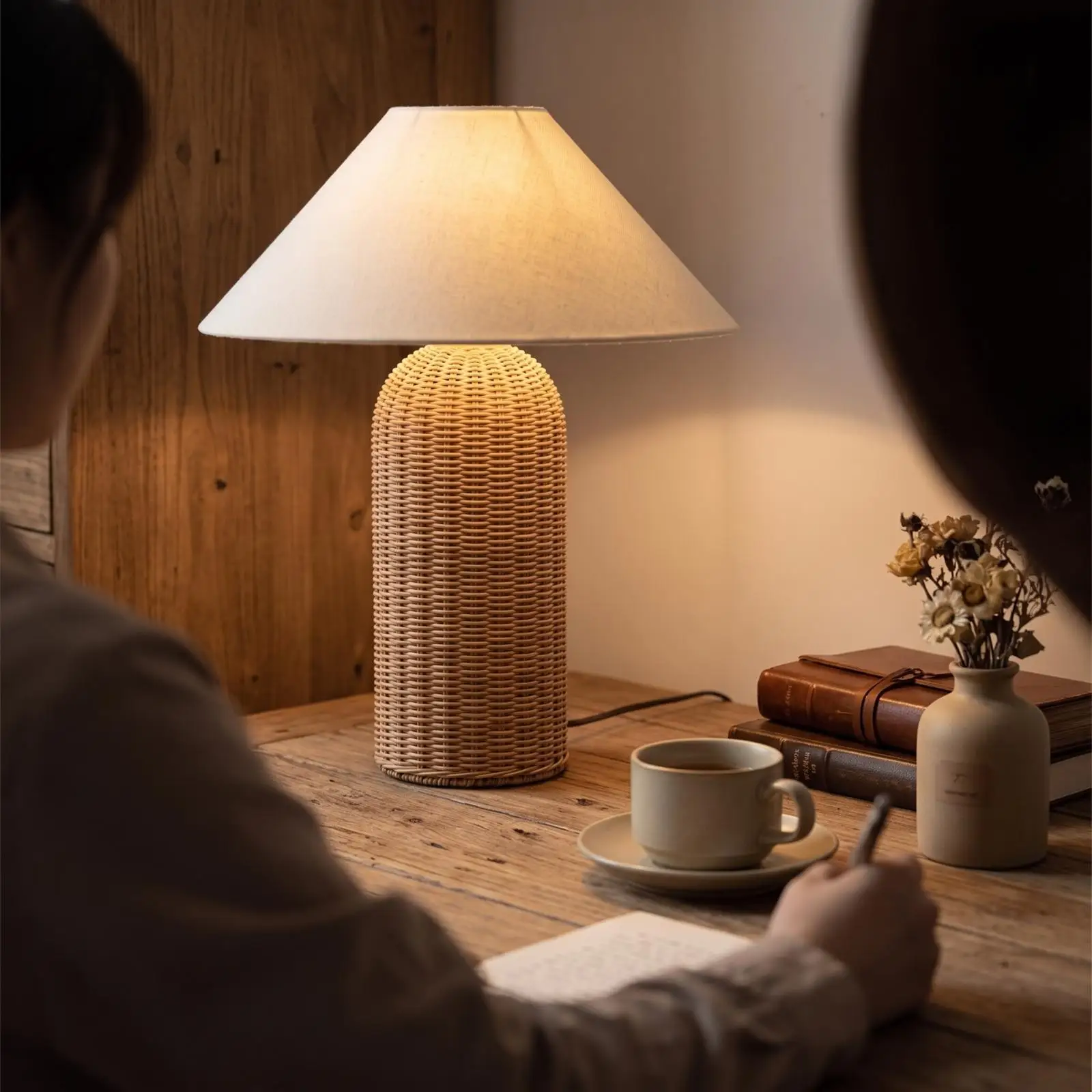 Bedside Lamp Rattan Base Fabric Shade Night Table Lamp Decorative Lighting for Bedroom Living Room view 5