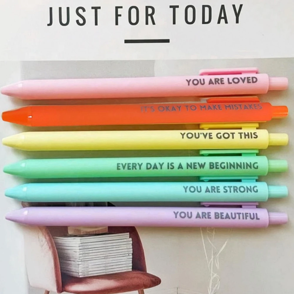 Lot de 6 stylos neutres motivants avec citations encourageantes, manche en plastique, encre noire, pour écriture quotidienne, en cadeau