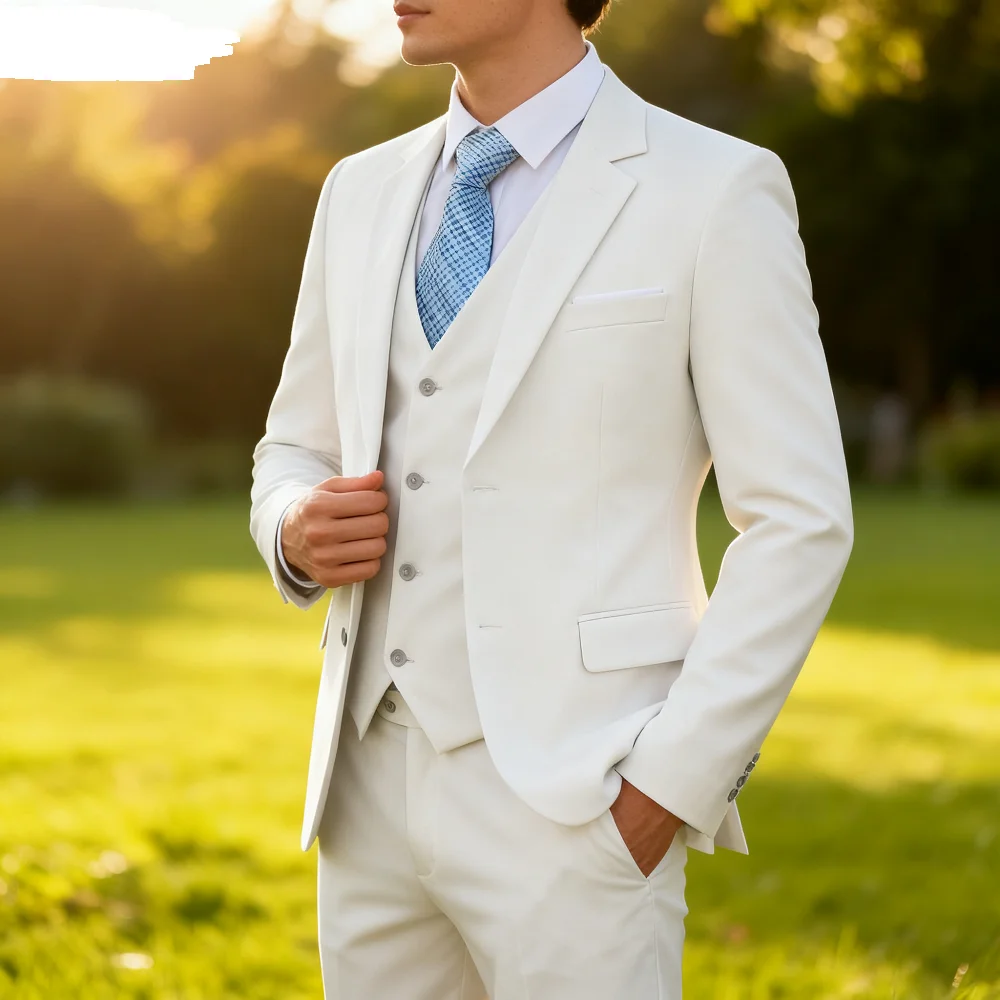 

Elegant Solid Single-Button Slim Fit 3-Piece Men's Terno Blazer Vest Pants Ensemble for Formal Occasions