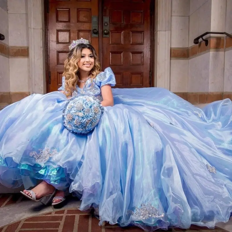 Vestido azul para quinceañeras con hombros descubiertos, sin mangas, para 15 niñas, Vestido de baile con cuentas de encaje, Vestido Formal con lazo, vestidos de graduación personalizados