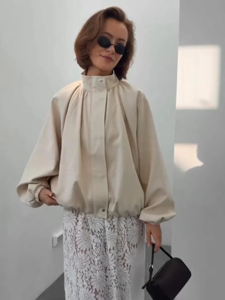 Women Solid Stand Collar Gathered Neck Bomber Jacket Zip Snap Button Elastic Cuff Hem Loose Oversized Cropped Casual Outerwear