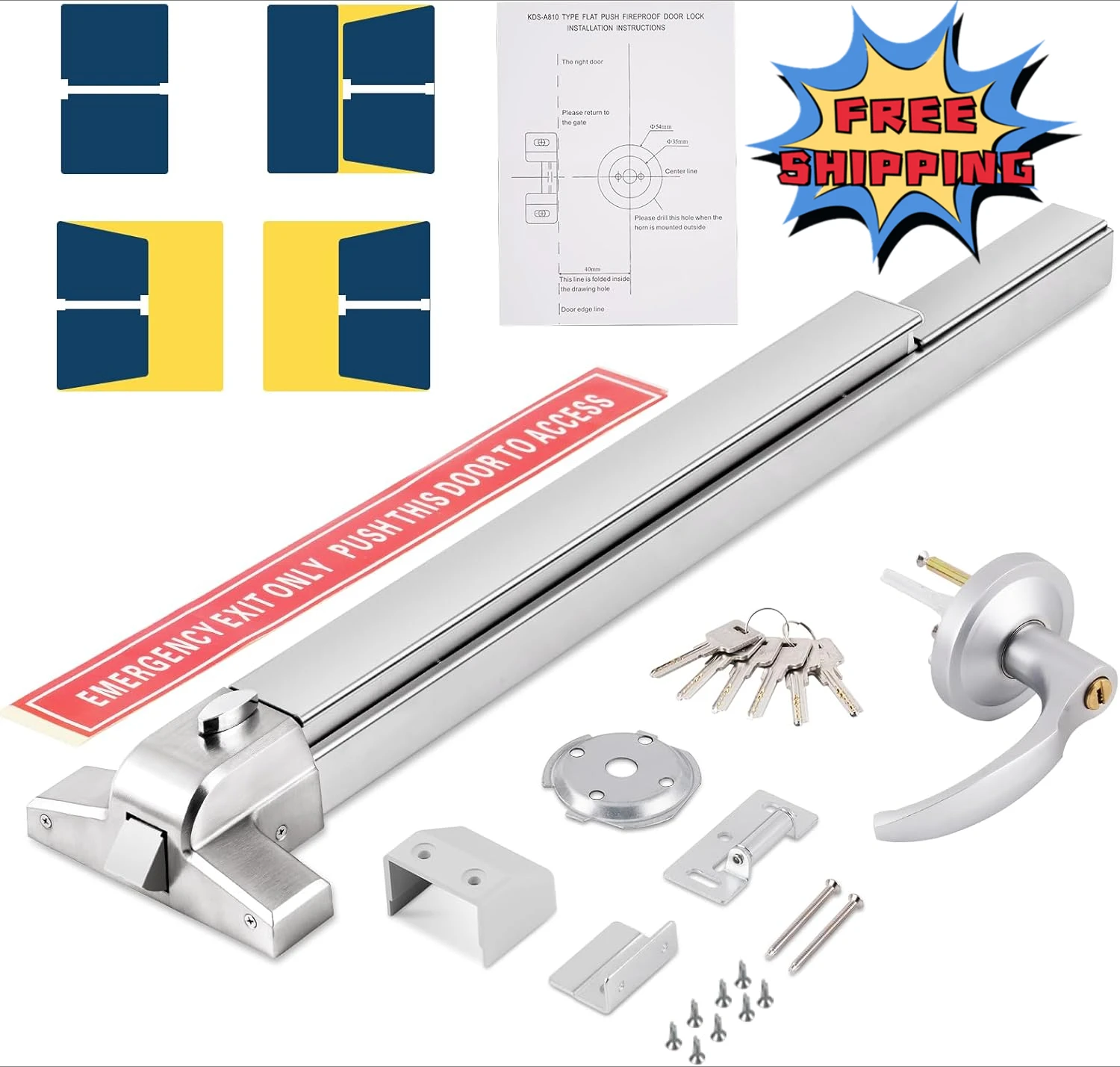 Push Bar Panic Exit Device for Emergency Exit Doors Painted Aluminum, with Exterior Lever Handle