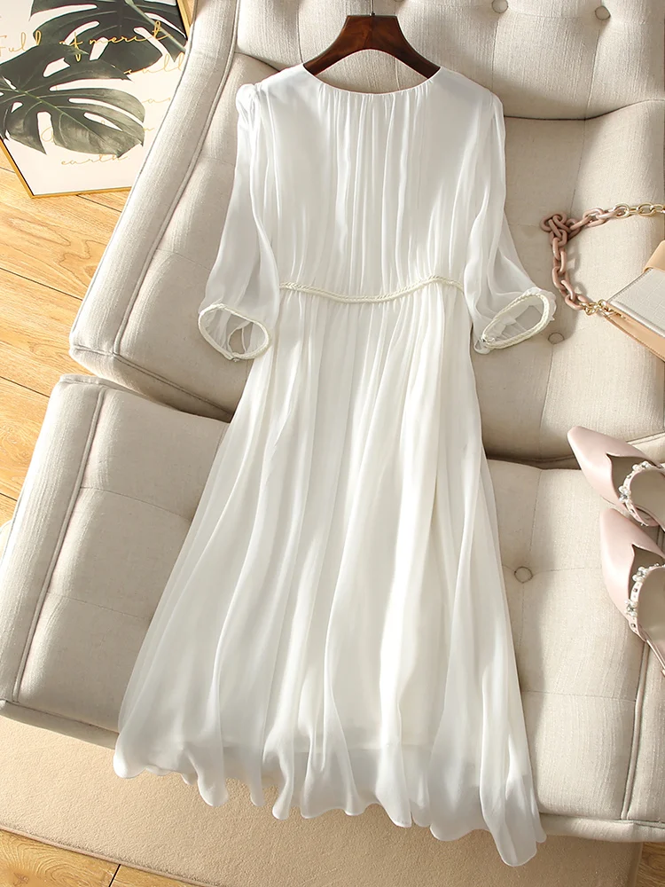 High Quality White Real Silk Dress for Women Temperament Long New  V-Neckline  Fit Half Sleeve Skirt