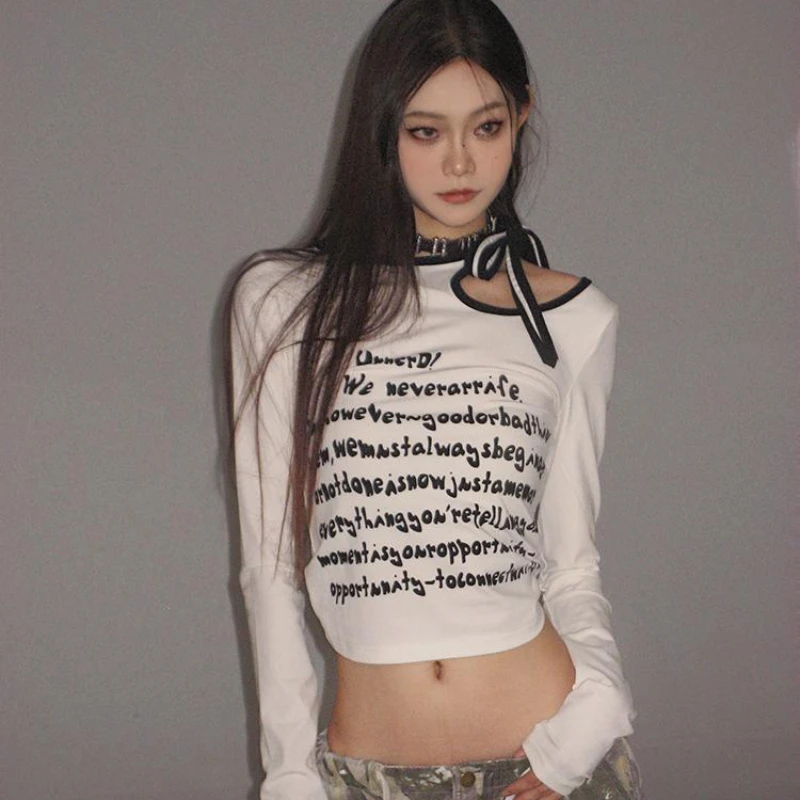 Sexy Hollow Out Irregular Strap T-shirt Women 2023 New Summer Fashion Letter Print Long Sleeve Slim Fit Crop Top Y2k Female Tees