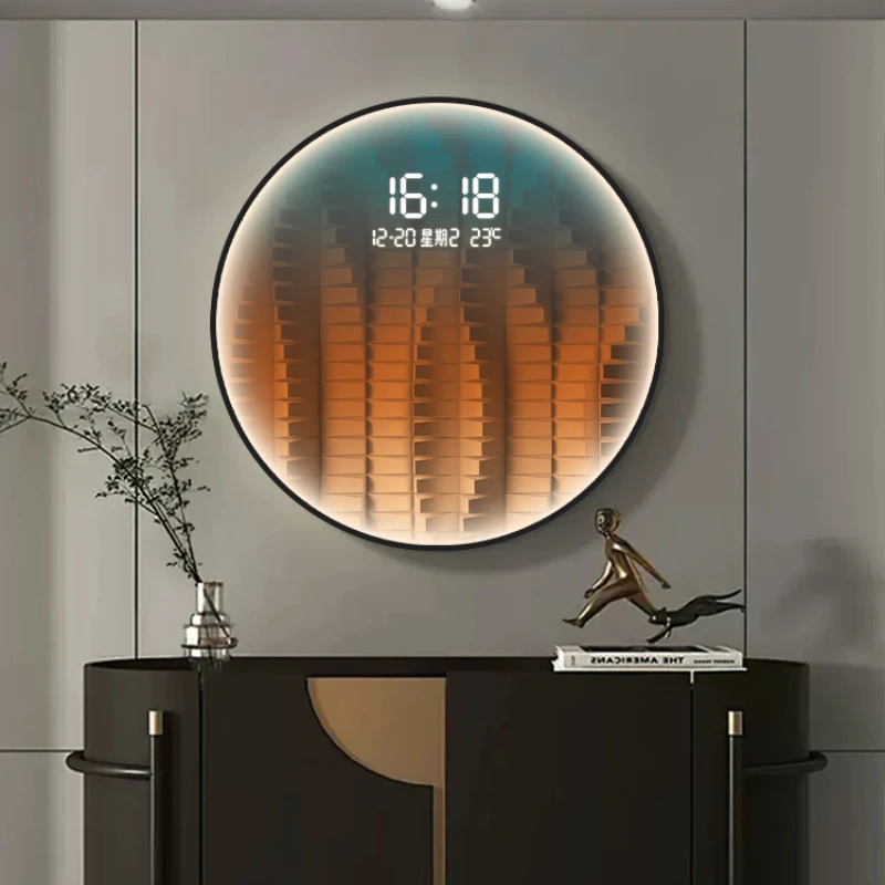 Light luxury gradient square living room decorative painting with LED wall clock restaurant creative light hanging picture clock