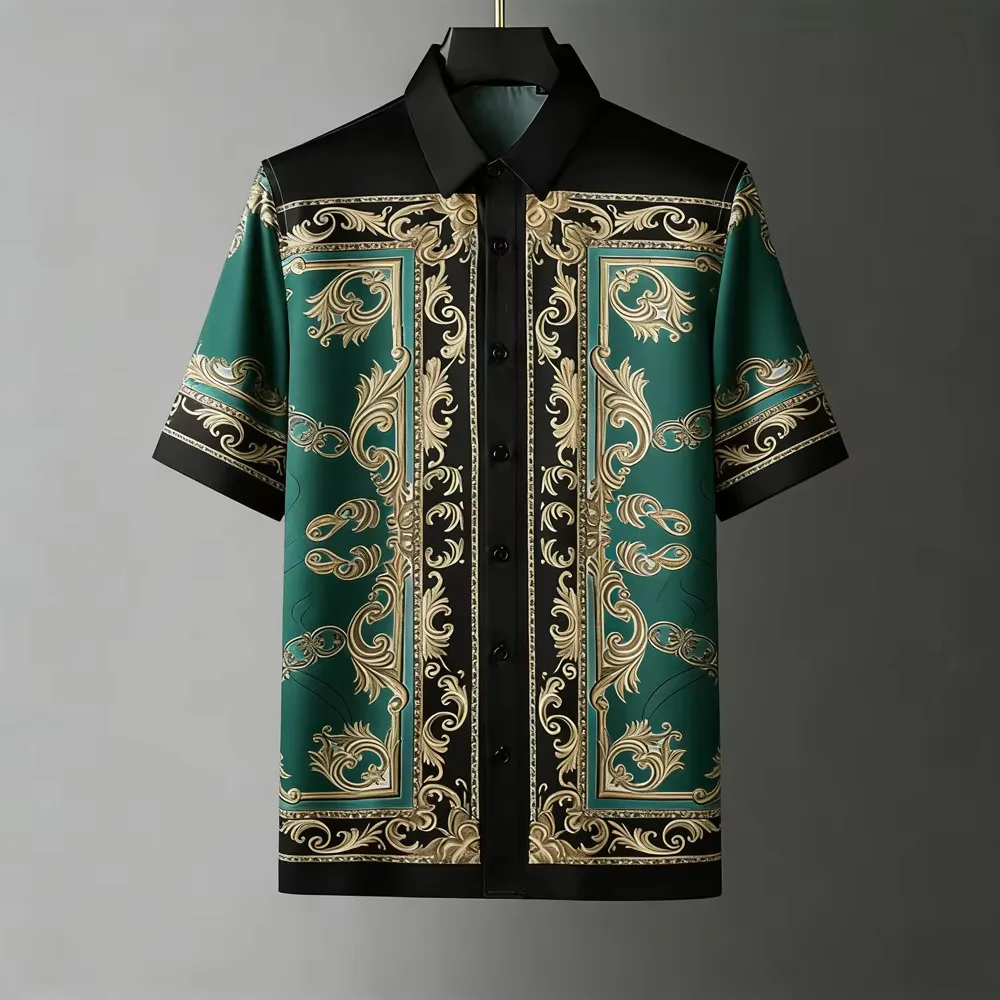 Men's Fashion Retro Breathable Soft Short Sleeve Shirt Gold Pattern Natural 3D Printed Shirt Men's Wedding Casual Party Tops Men