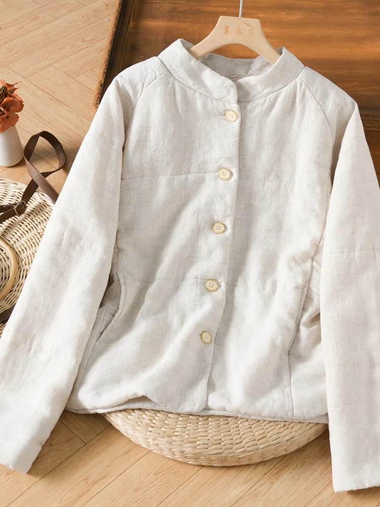 سترة قطنية سميكة بياقة عالية مقاومة للرياح بأسلوب فني للنساء، ملابس قطنية للخريف والشتاء بأكمام طويلة وزر واحد