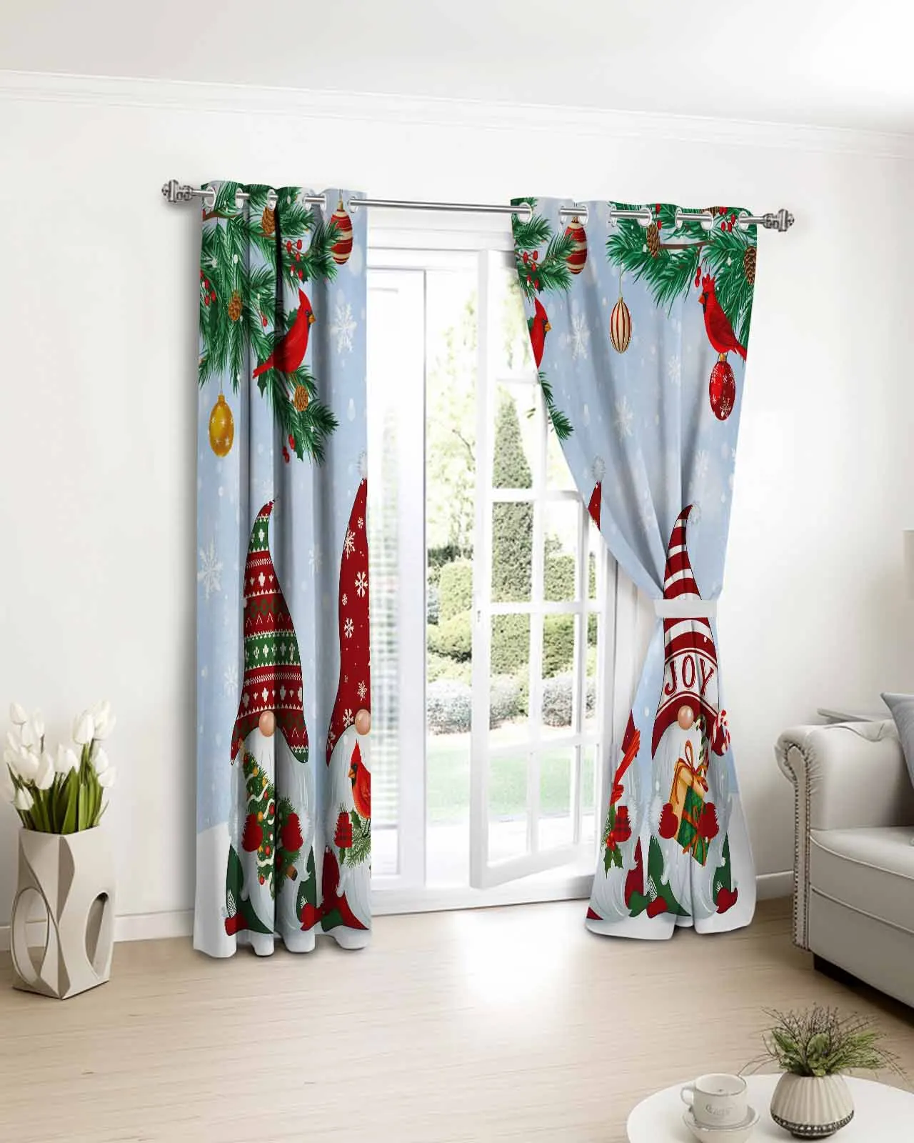 

2pcs, 1 panel Blue Christmas Gnome Pine Polyester Window Curtains For Living Room Kitchen Bedroom Drapes