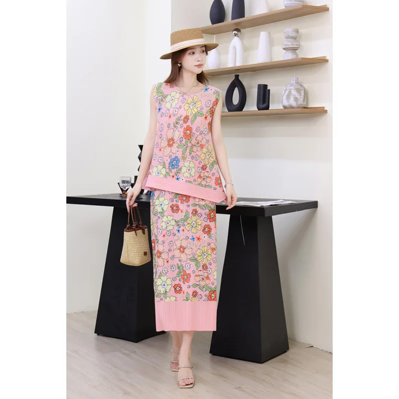 พิมพ์ลายดอกไม้หวานผู้หญิงหลวม Svel เสื้อกั๊กด้านบนเอวกระชับสัดส่วนชุดกระโปรงวัสดุโพลีเอสเตอร์ Midi ความยาวเอว