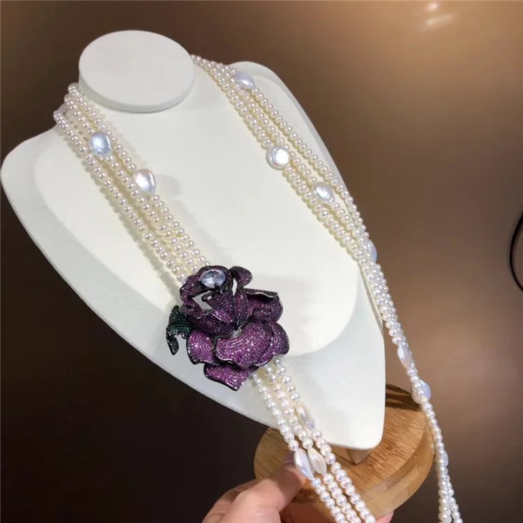 Natural 3strand 5-6mm freshwater pearl 11-12mm coin pearl micro inlaid zircon flower buckle accessories long style sweater neckl