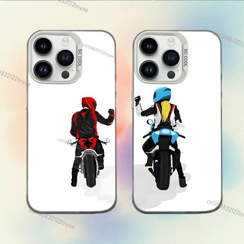 Couple Motorcycle Rider Phone Case For iPhone 17,16,15,14,13,12,11,Mini,Pro,E,MAX White Candy Matte Shockproof Cover