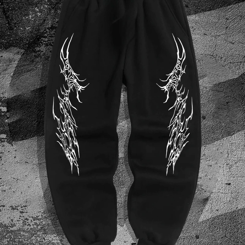 

Мужские повседневные спортивные штаны в готическом стиле — геометрический узор пламени, эластичный ремень, регулируемая веревка, обычный стиль на осень и зиму