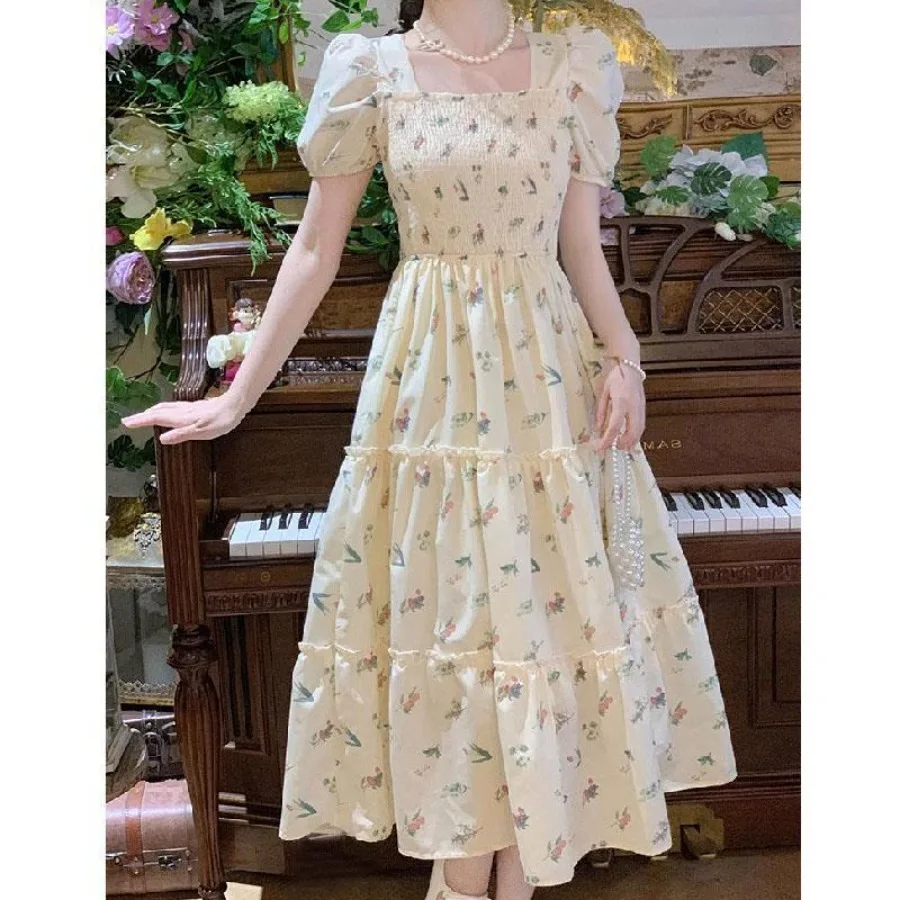 

【New style】Gentle style retro floral dress women's summer new style sweet temperament bubble sleeve square collar cake dress