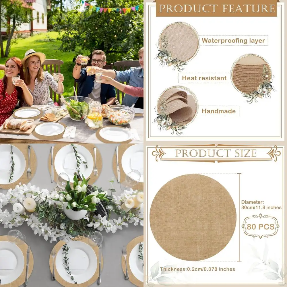 

11.8 Round Jute Placemats, 80-Pack, Reusable & Heat-Resistant, Rustic Farmhouse Table Mats for Fall Dinners & Holidays