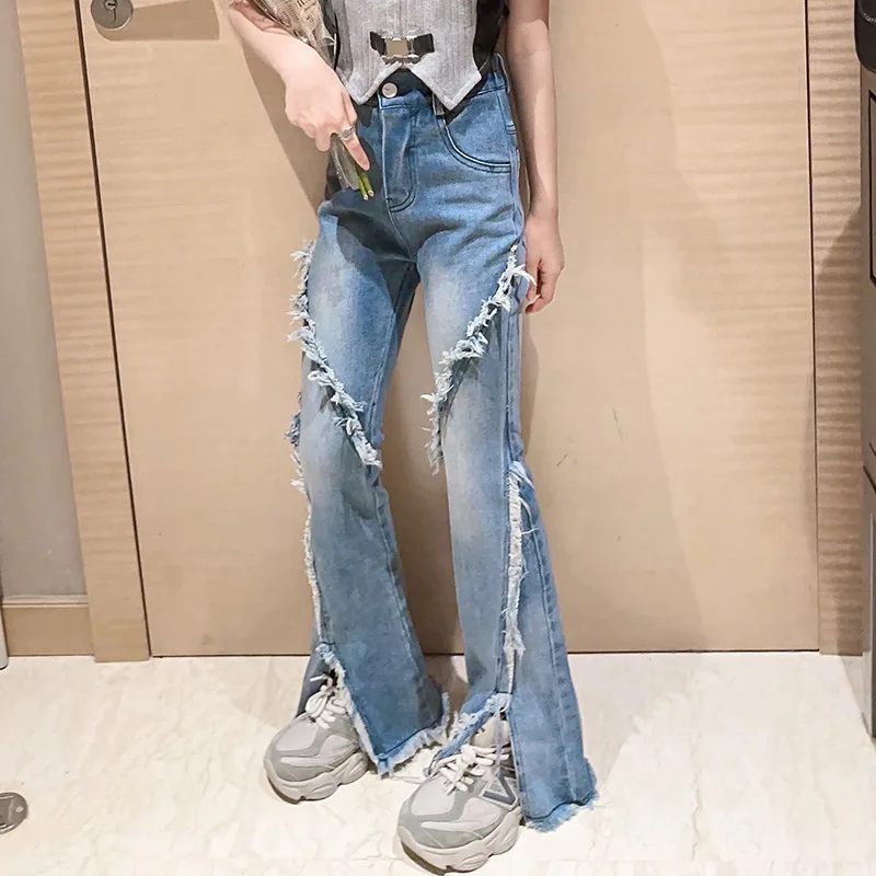 

Girls Bell Bottoms Jeans Mopping Pants Spring Split Ripped Tassel Fringe Vintage Flare Pants Distressed Capris 4 To 16 Yrs