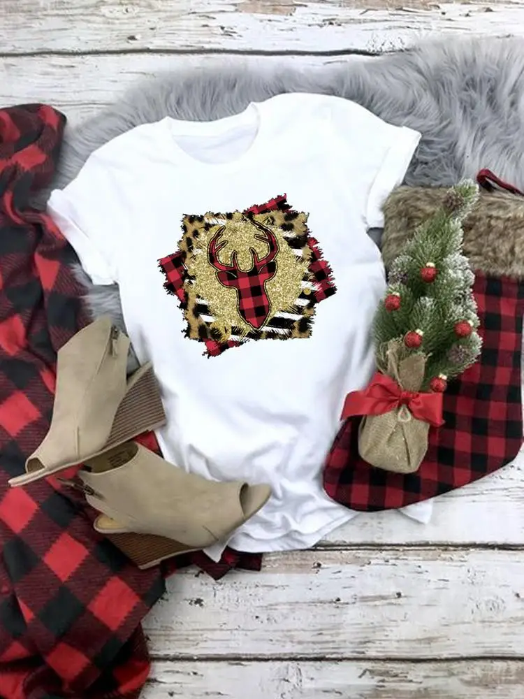 Fashion New Year Christmas Tee Women Top Clothes Leopard Deer Happy Holiday Printed T Shirt Clothing Graphic T-shirts