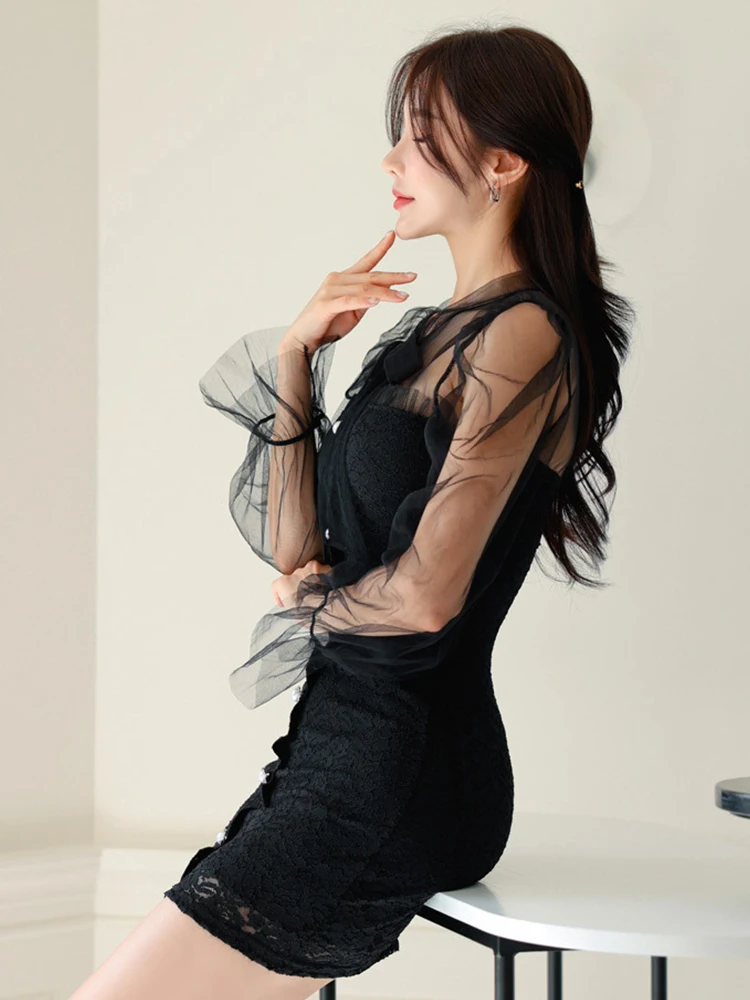 Abito aderente nero sexy Moda donna Elegante vedere attraverso la fasciatura con fiocco in rete Abito corto monopetto in pizzo Abiti da festa Nuovo