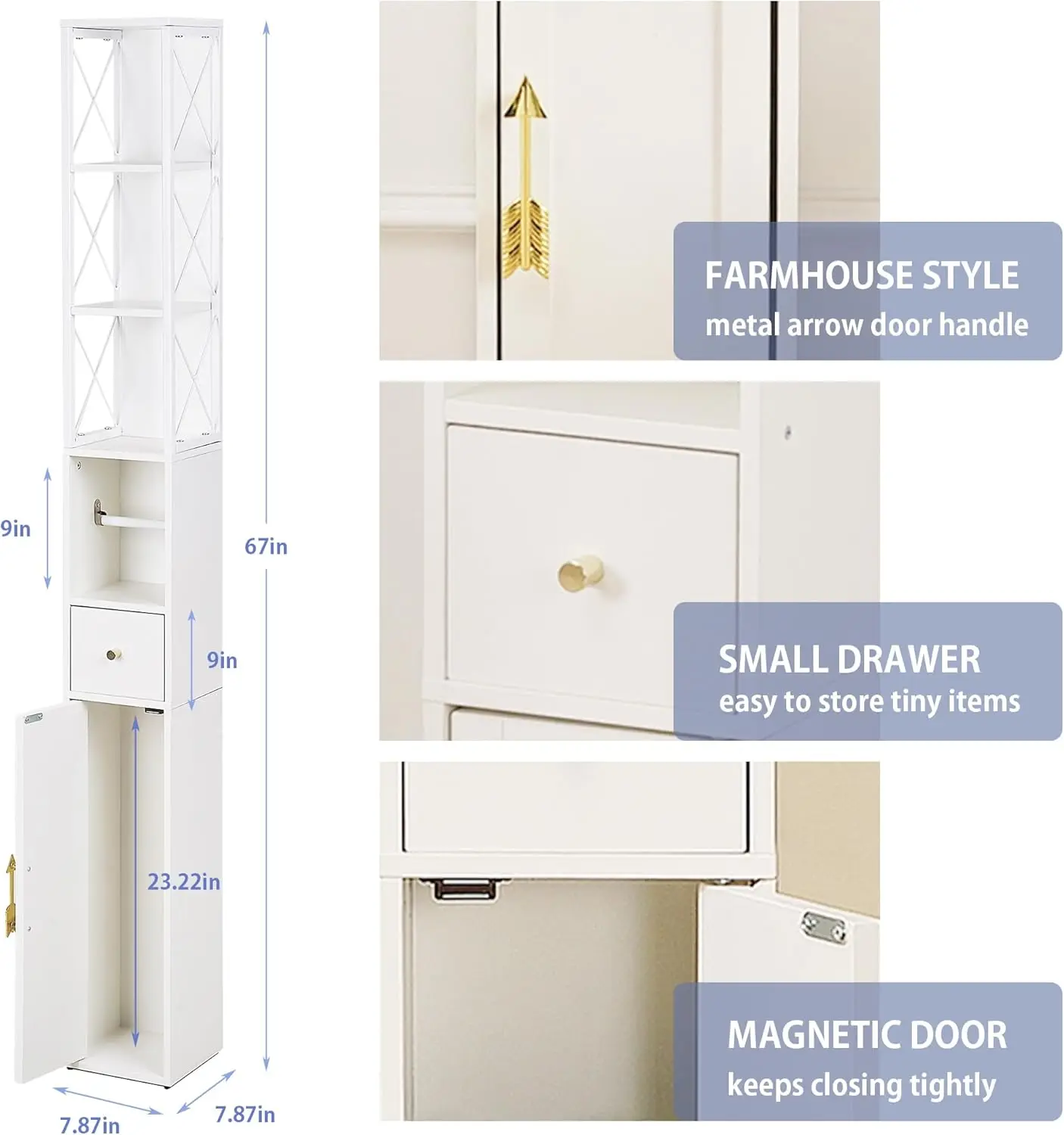 Vecelo Bathroom Tall Cabinet, Slim Storage Cabinet With Hollow Frame Toilet Paper Scroll,Narrow Cabinet With Farmhouse Style