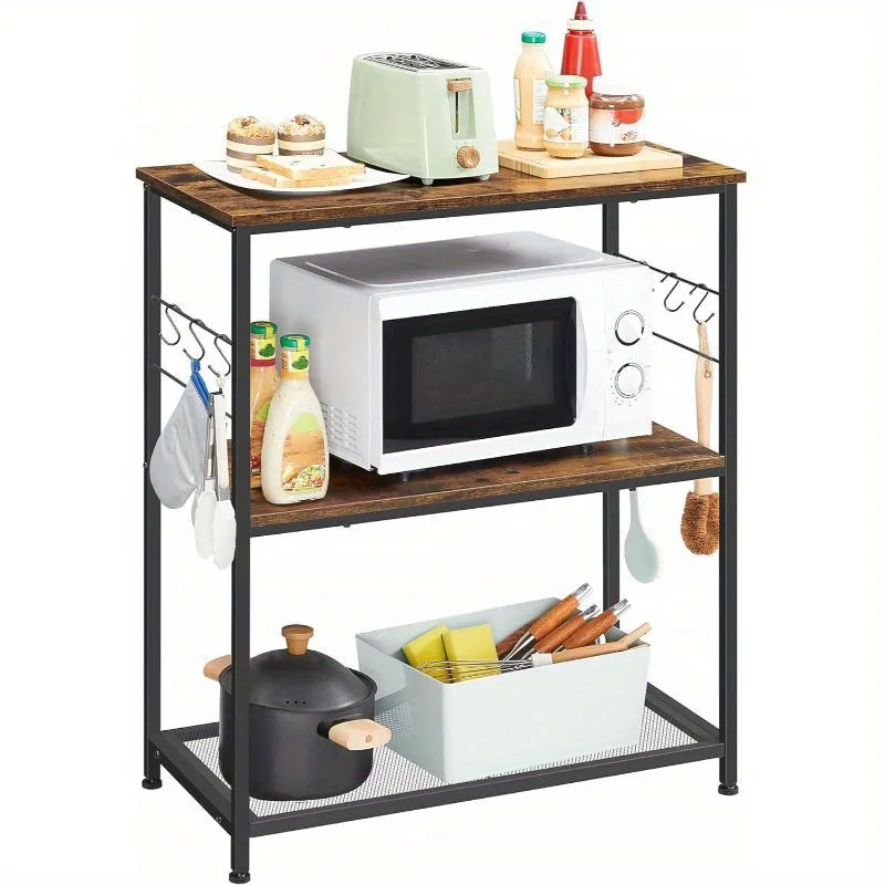 Baker’s Rack, Kitchen Shelf, Kitchen Island, Microwave Oven Stand with 3 Open Shelves, 6 Hooks, Metal Frame