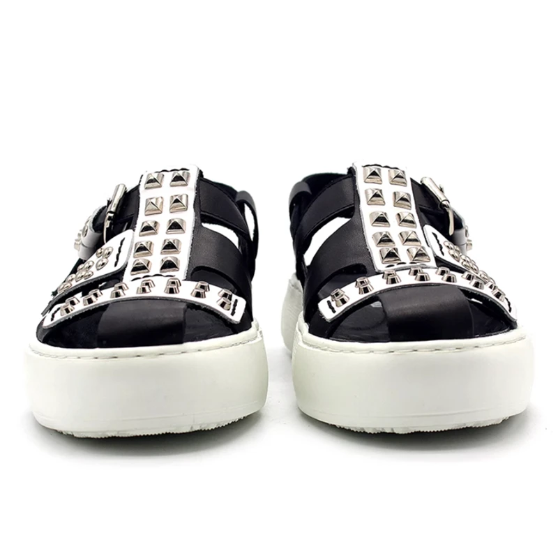 Gothic Punk Men Platform Sandals Black‑White Patchwork Metal Rivet Open Toe Thick Sole Summer Streetwear Casual Beach Footwear