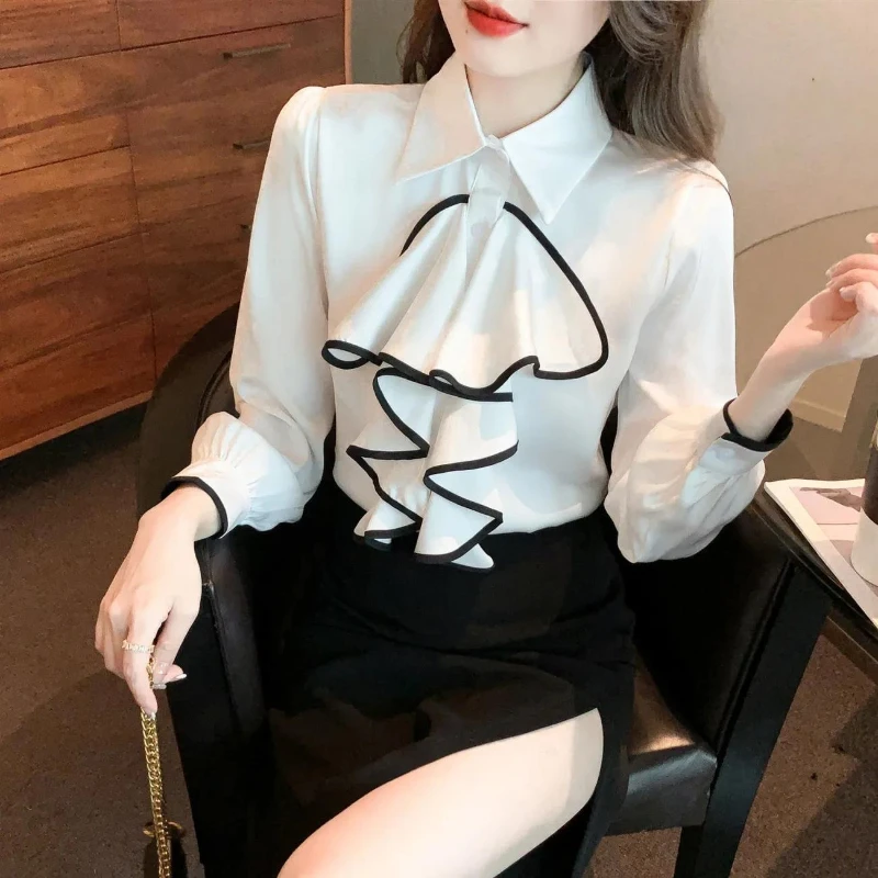 Vintage Chiffon Ruffles Patchwork Shirt Tops Loose Solid All-match Office Blouse Fashion Elegant Women Clothing Spring Autumn