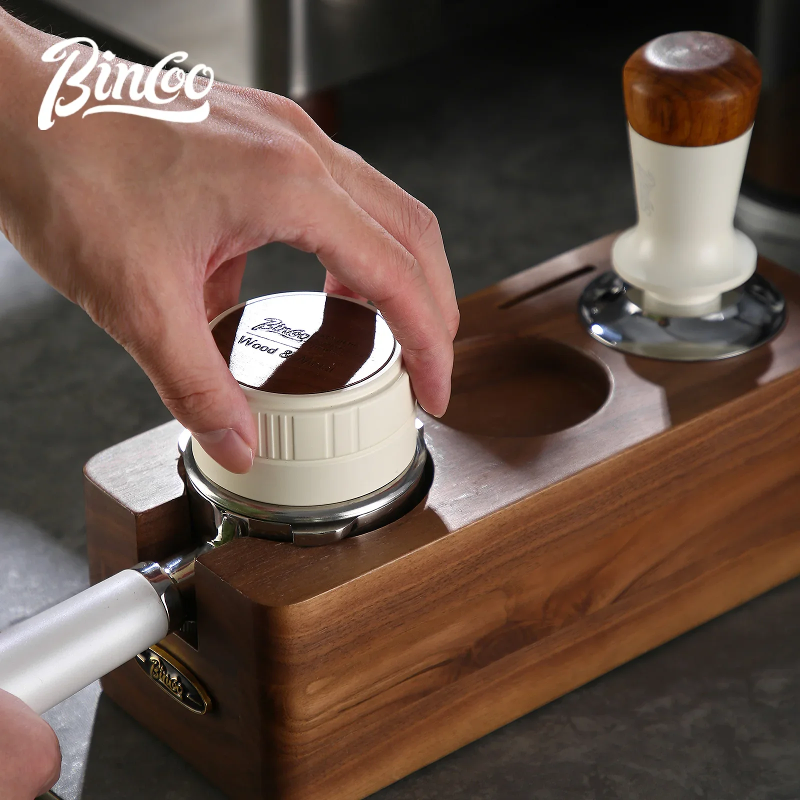 Bincoo Coffee Tamper 51mm/58mm Pressing Station Walnut Storage Work Stand Pressing Powder Hammer Coffee Distributor Portafilter
