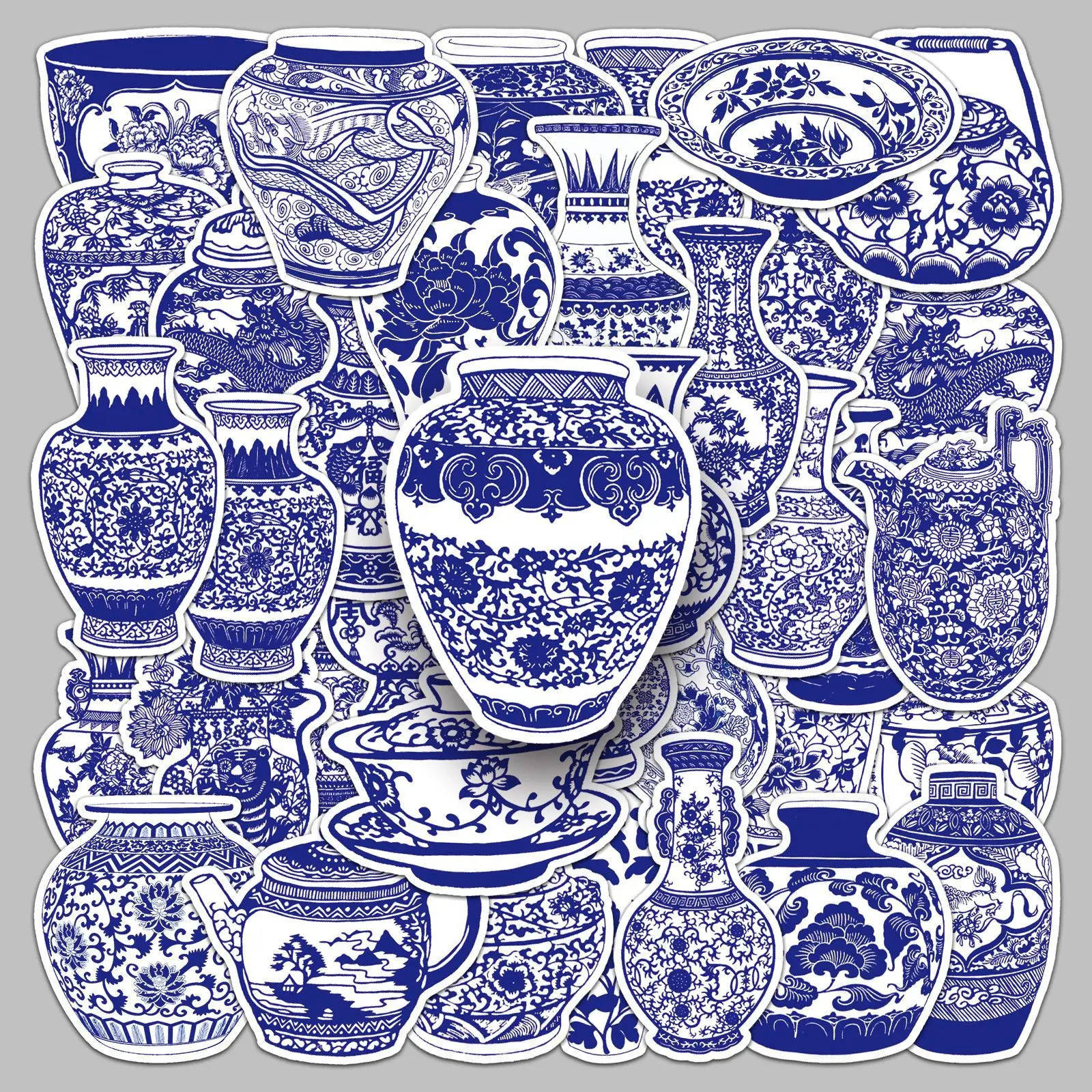 50Pcs Blue and White Porcelain Cartoon Decoration Mobile Phone Water Cup Waterproof Sticker
