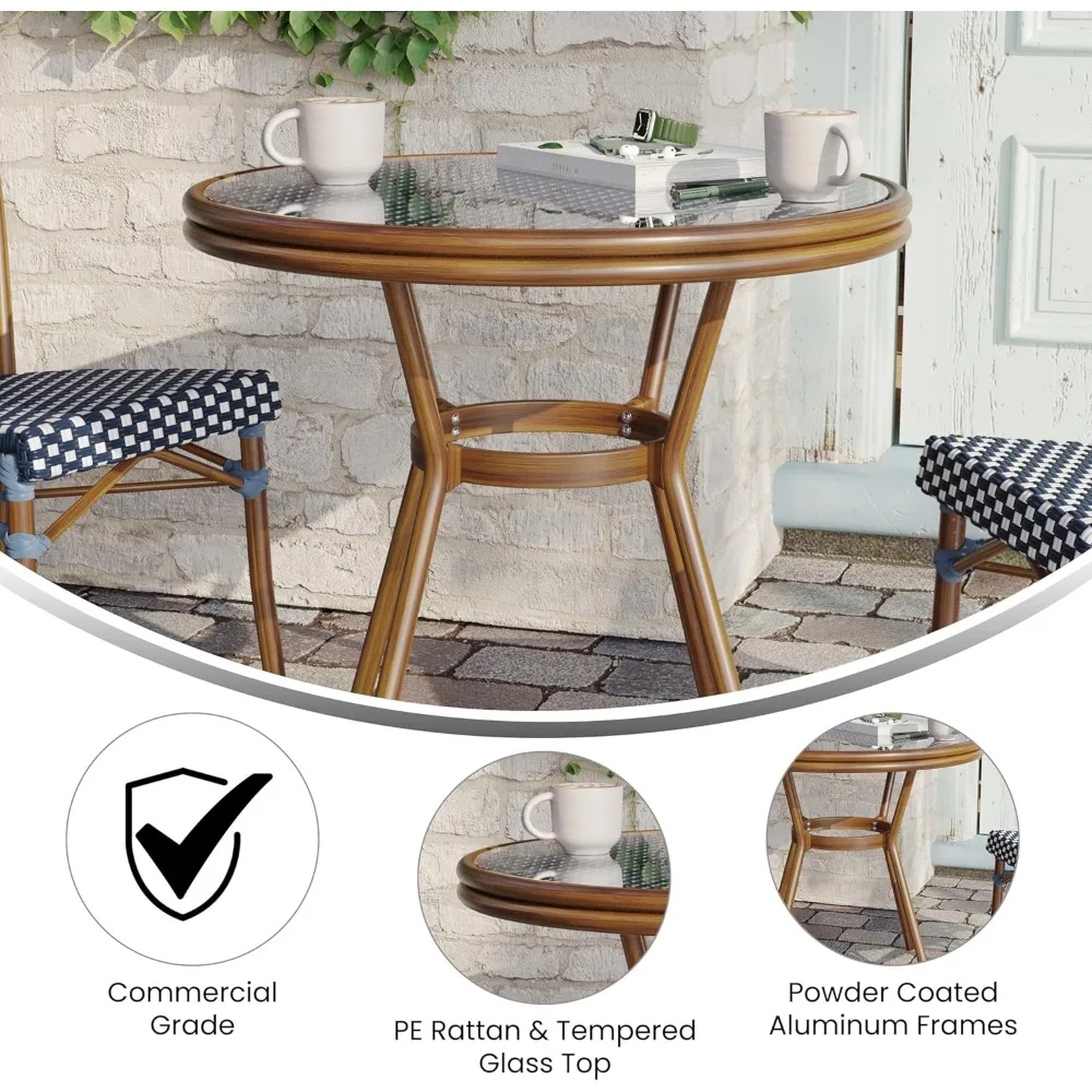 Lourdes Indoor/Outdoor Commercial French Bistro Table, PE, Glass Top, Bamboo Print Aluminum, 31.5" Round, Navy & White Rattan