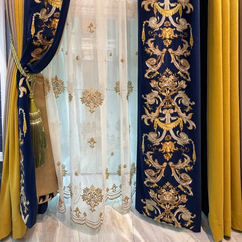 

Европейские индивидуальные синие вышитые экраны, бархатные утолщенные шторы для гостиной, спальни, виллы, французского окна