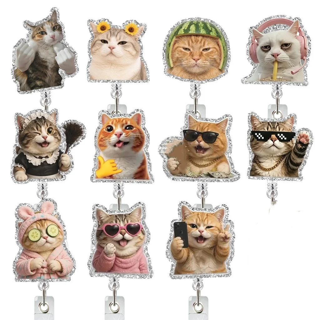 Retractable Funny Cat Pattern Badge Reel  Acrylic Durable Id Badge Holder With Strong Clip For Nurses Office Workers Gifts