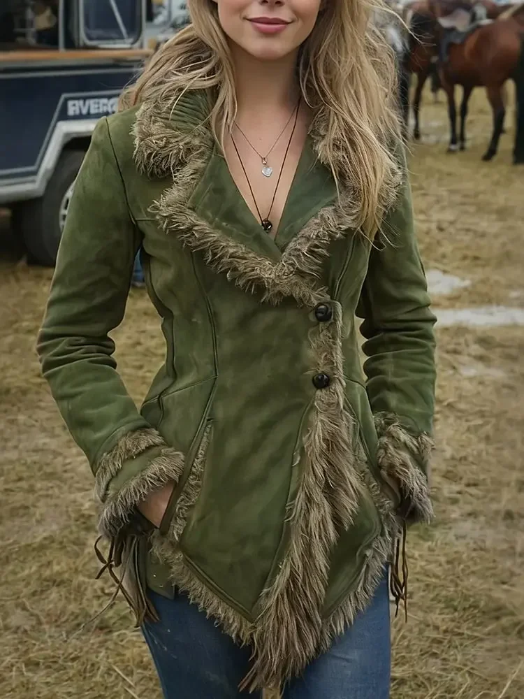 Women's Suede Fur Collar Coat Western Pocket Autumn And Winter Fashionable Warm Coat Outdoor Windproof Slim Fit Windbreaker
