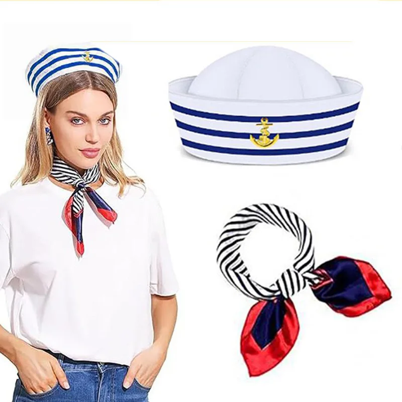 New Women Small Square Scarf Sailor Cap Set Stewardess Striped Patchwork Satin Scarf Carnival Christmas Fashion Navy Sailor Caps
