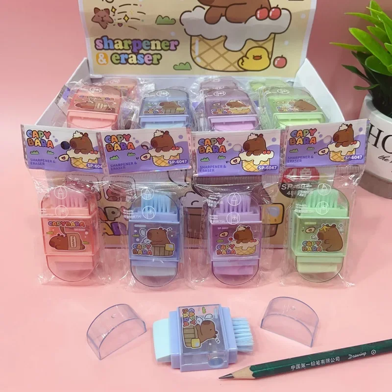 4Pcs 3 in 1 Kawaii Capybara Pencil Sharpener Eraser Brush Creative Cartoon Stationery Cute School Office Supply Birthday Gift