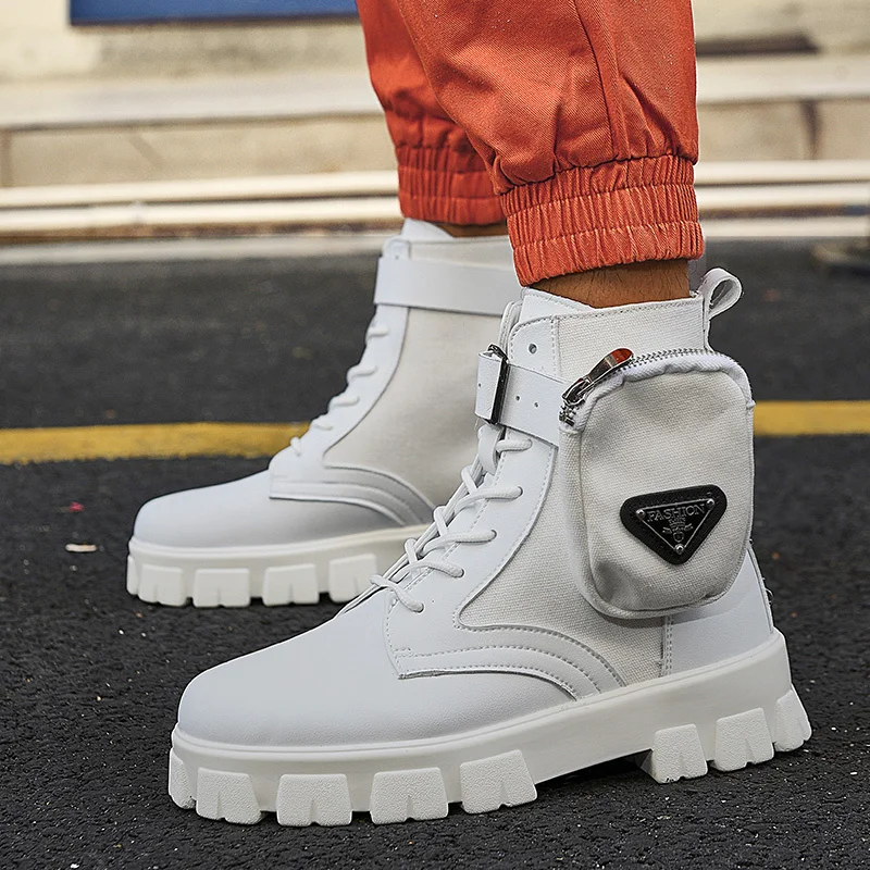 New Fashion Men\'s White Boots Autumn Winter Superstar Pocket Motorcycle Shoes Men Platform Boots Comfort Leather Ankle Boots Man