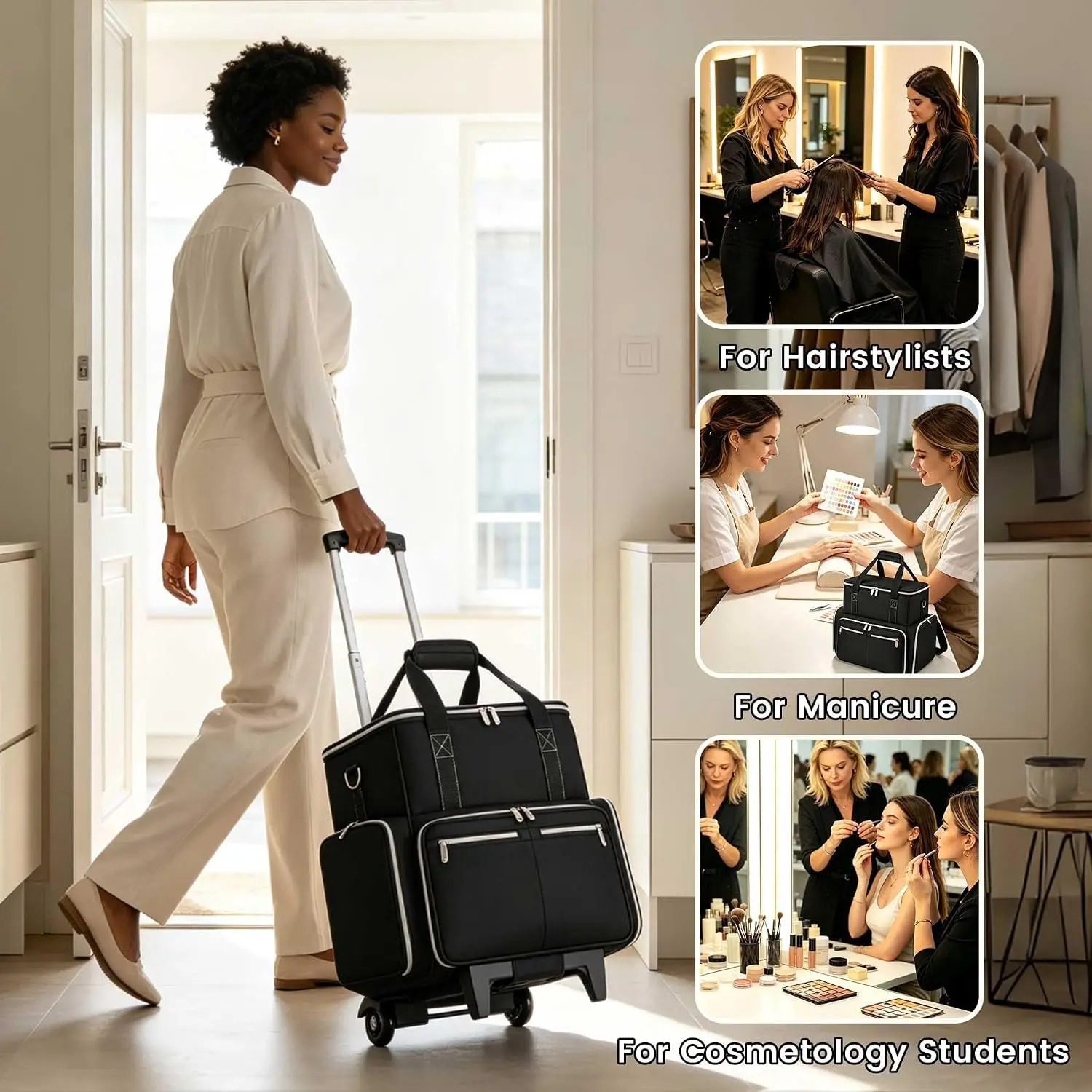 Rolling Makeup Case Professional Train Wheels Hair Tools Travel Bag 4 Removable Clear Bags Brush Adjustable Strap Dividers